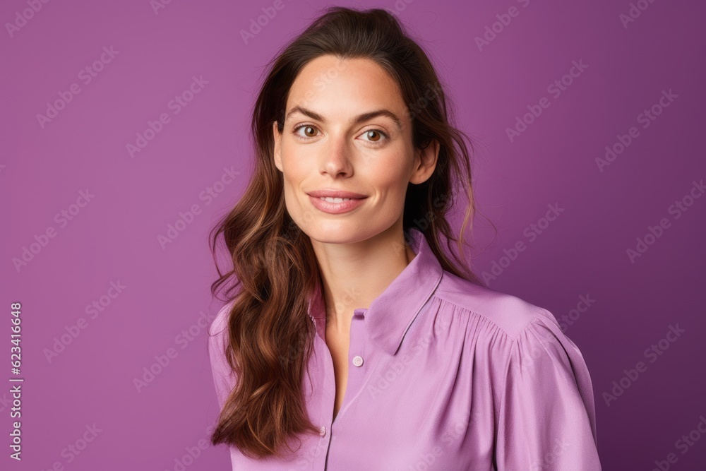 Close-up portrait photography of a glad girl in her 30s wearing an elegant long-sleeve shirt against a vibrant purple background. With generative AI technology Close-up portrait photography of a glad girl in her 30s wearing an elegant long-sleeve shirt against a vibrant purple background. With generative AI technology