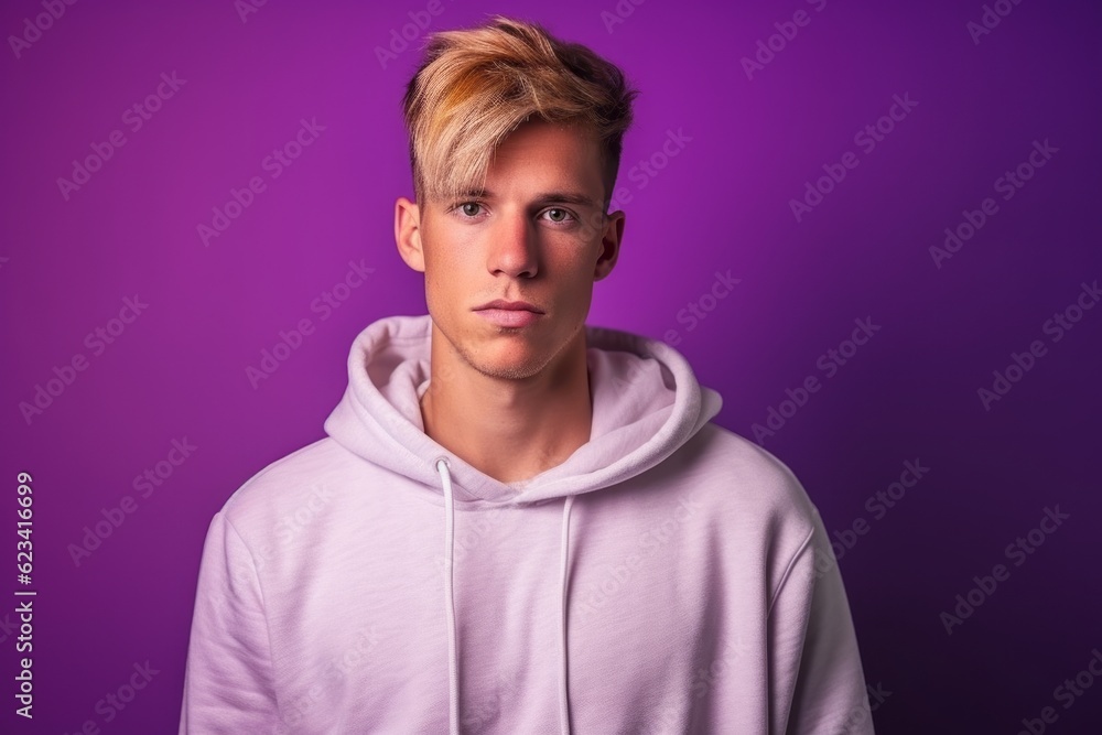 Medium shot portrait photography of a beautiful boy in his 30s wearing a stylish hoodie against a vibrant purple background. With generative AI technology Medium shot portrait photography of a beautiful boy in his 30s wearing a stylish hoodie against a vibrant purple background. With generative AI technology