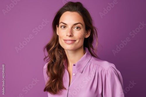 Close-up portrait photography of a glad girl in her 30s wearing an elegant long-sleeve shirt against a vibrant purple background. With generative AI technology