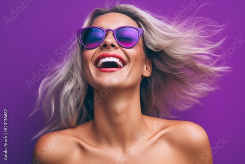 Medium shot portrait photography of a satisfied girl in her 30s wearing a stylish swimsuit against a vibrant purple background. With generative AI technology