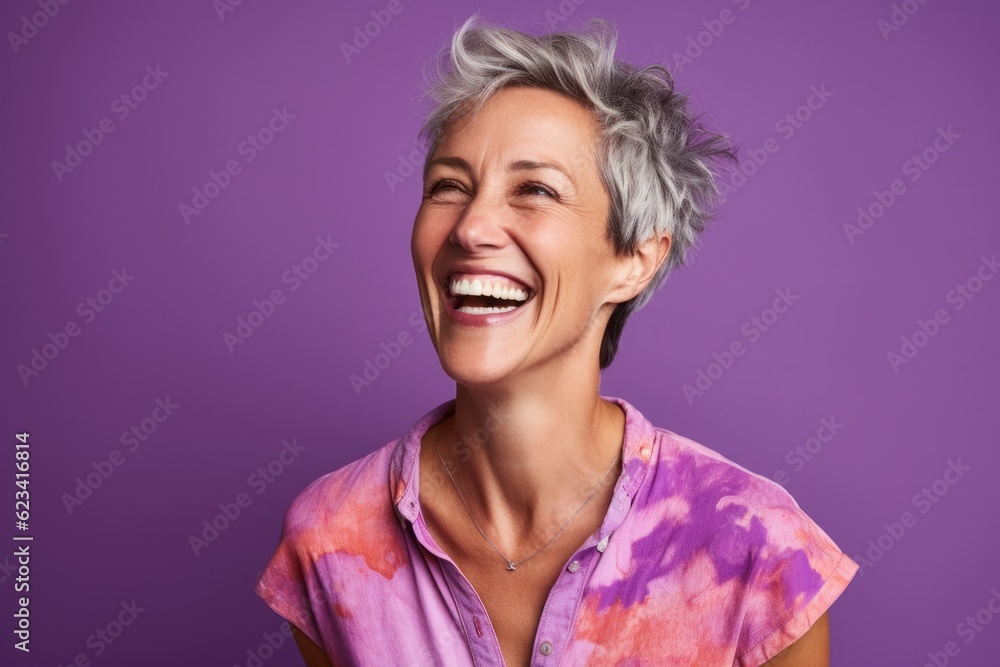 Lifestyle portrait photography of a joyful mature woman wearing a casual short-sleeve shirt against a vibrant purple background. With generative AI technology Lifestyle portrait photography of a joyful mature woman wearing a casual short-sleeve shirt against a vibrant purple background. With generative AI technology