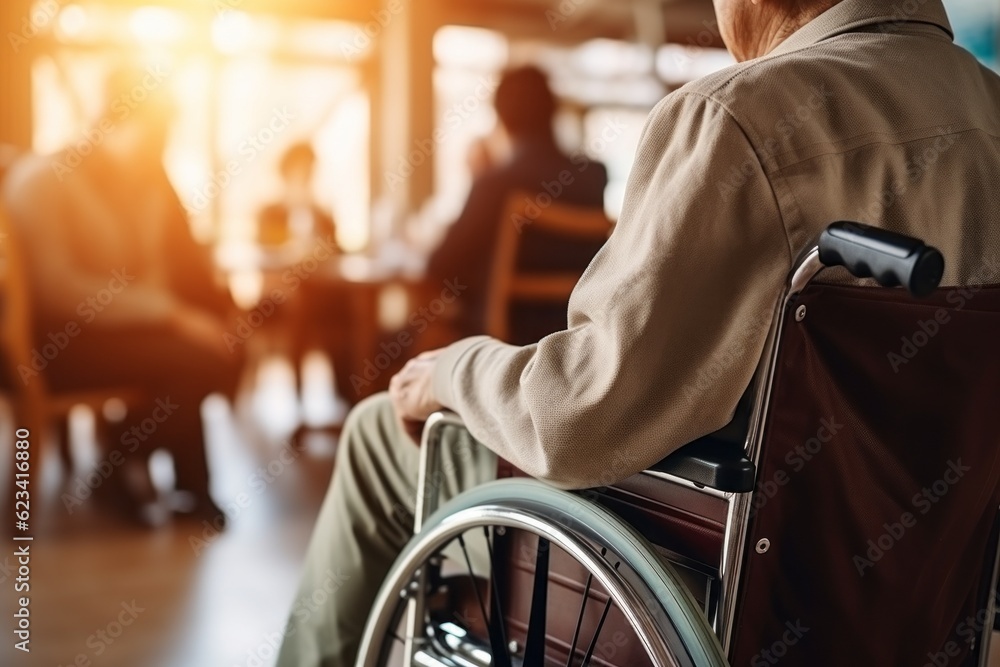 A disabled man in a wheelchair. The concept of a low-mobility category of people. Portrait with selective focus