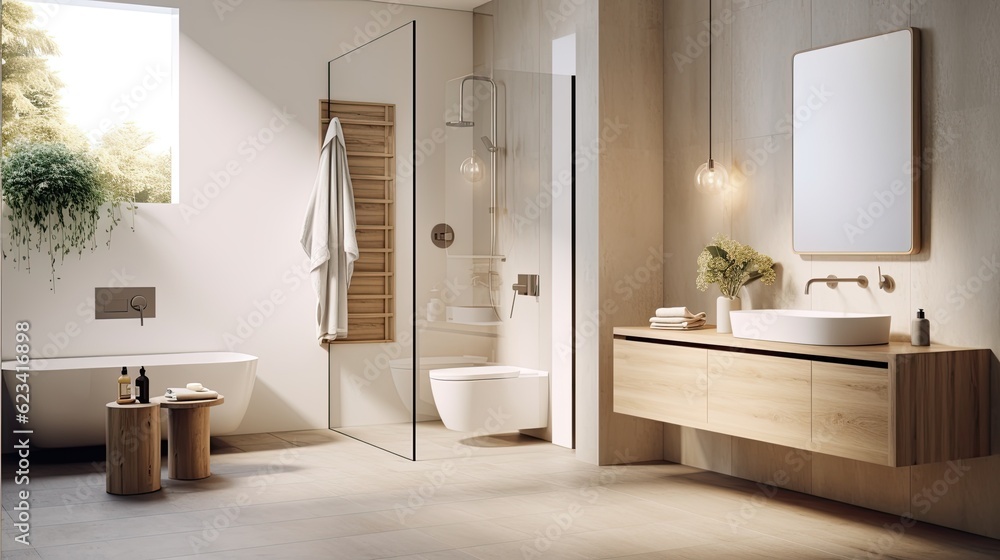 Serene and minimalist bathroom with a walk-in shower, neutral tiles, and a wall-mounted vanity, generative ai Serene and minimalist bathroom with a walk-in shower, neutral tiles, and a wall-mounted vanity, generative ai