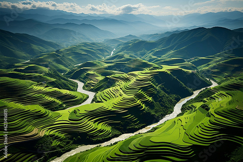 Capture the idyllic beauty of traditional agriculture with a captivating aerial view of green fields. The photograph showcases vast expanses of lush, green fields stretching out beneath the viewer.