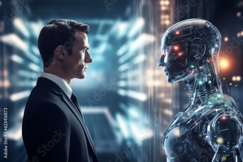 The man opposite the AI. The concept of confrontation between humanity and artificial intelligence photo