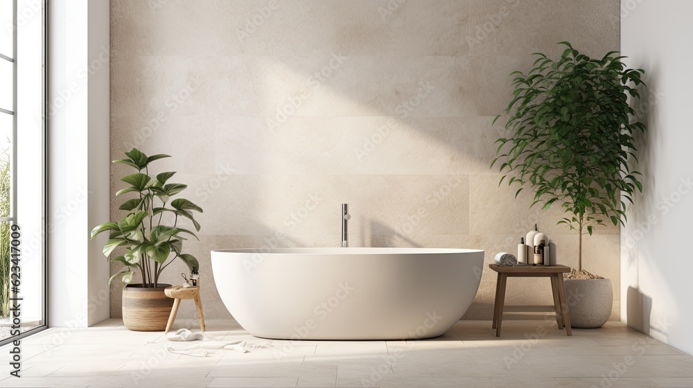 A sleek and elegant farmhouse bathroom with a freestanding bathtub, a rainfall shower, and natural stone accents. The bathroom offers a luxurious retreat for relaxation and self-care. generative ai A sleek and elegant farmhouse bathroom with a freestanding bathtub, a rainfall shower, and natural stone accents. The bathroom offers a luxurious retreat for relaxation and self-care. generative ai