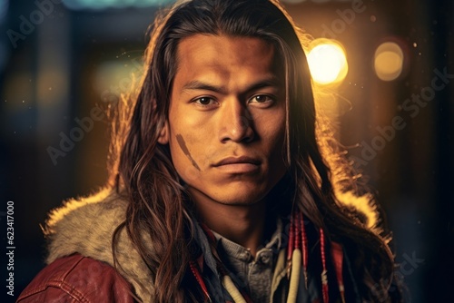 Handsome young Native American man. The concept of Columbus day and the discovery of America. Portrait photo