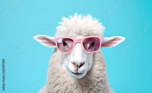 Creative Animal Concept. Sheep wearing glasses peeking over pastel bright background. Generative AI.