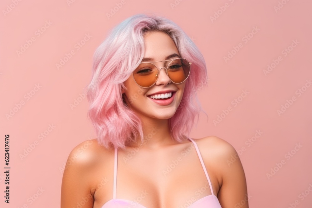 Medium shot portrait photography of a beautiful girl in her 20s wearing a stylish swimsuit against a pastel pink background. With generative AI technology Medium shot portrait photography of a beautiful girl in her 20s wearing a stylish swimsuit against a pastel pink background. With generative AI technology