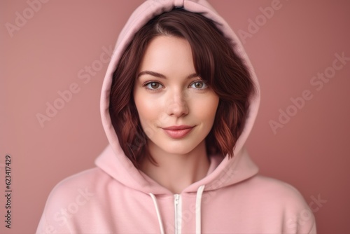 Medium shot portrait photography of a beautiful girl in her 30s wearing a cozy zip-up hoodie against a pastel pink background. With generative AI technology © Markus Schröder