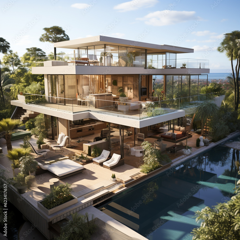 modern architecture, extraordinary penthouses with swimming pool by the sea Generative AI