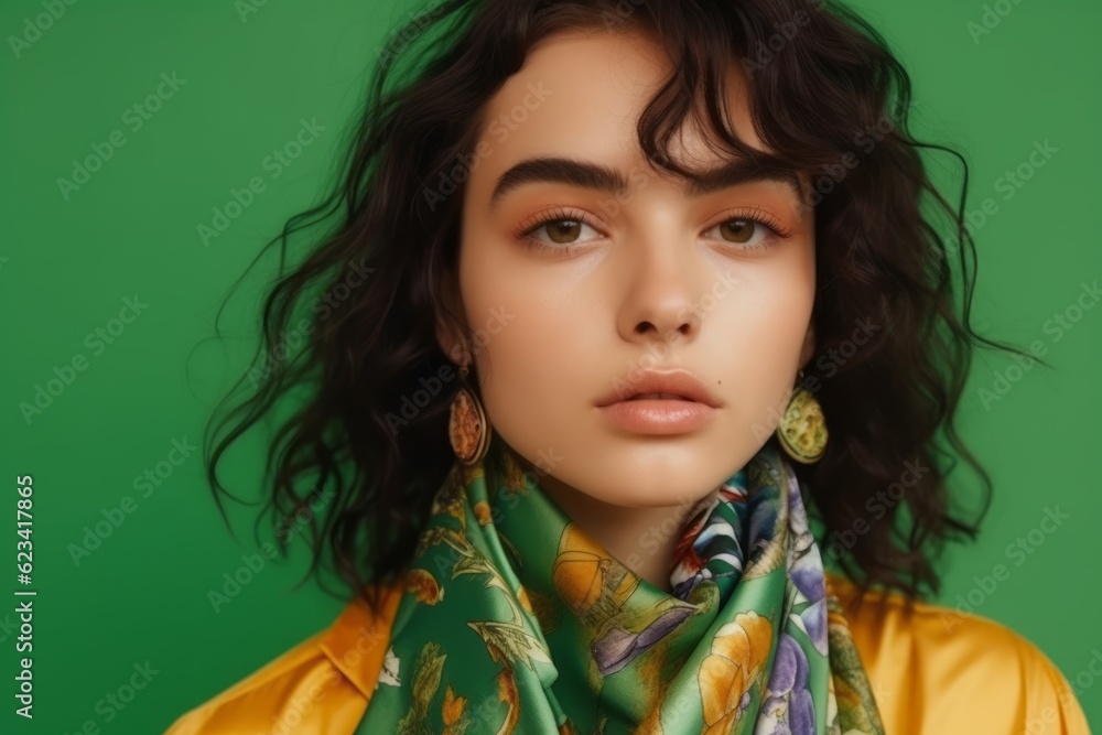 Medium shot portrait photography of a glad girl in her 20s wearing a colorful neckerchief against a green background. With generative AI technology Medium shot portrait photography of a glad girl in her 20s wearing a colorful neckerchief against a green background. With generative AI technology