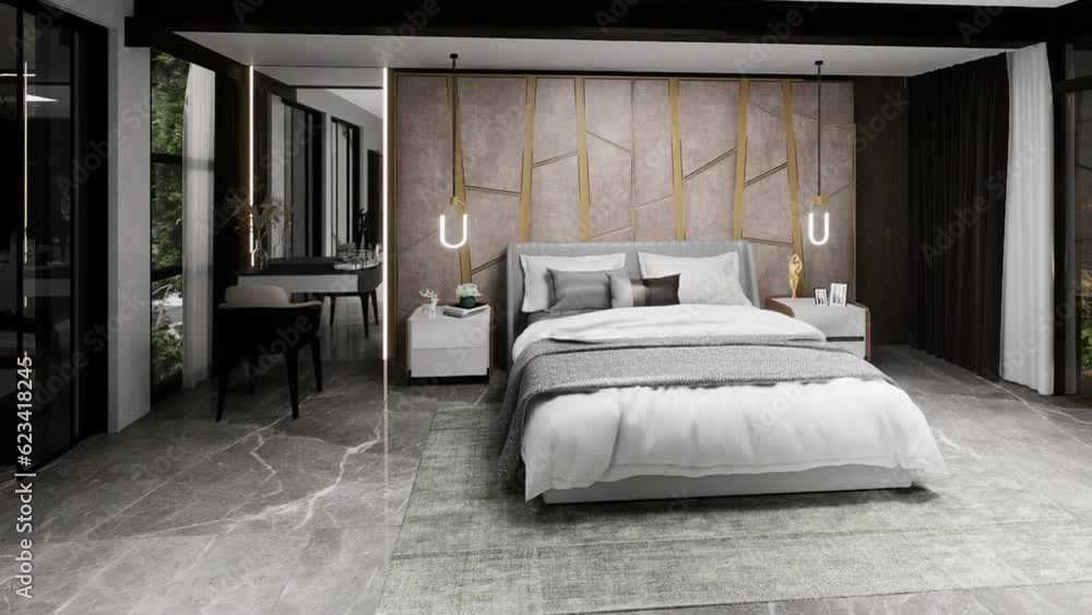 Modern interior design bedroom, luxury apartments interior design 3D animation. Modern interior design bedroom, luxury apartments interior design 3D animation.