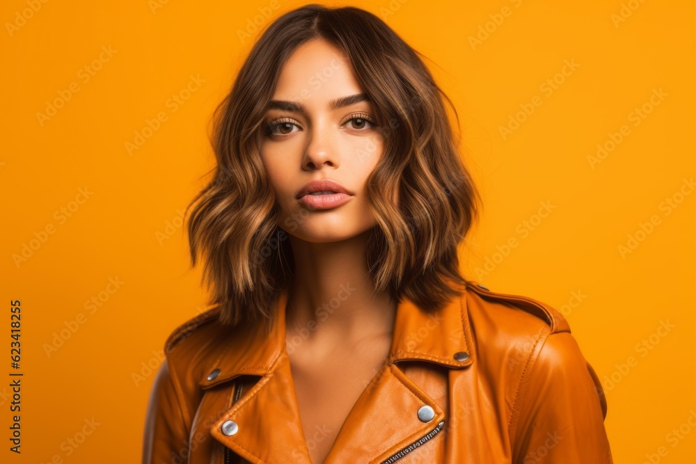 Close-up portrait photography of a glad girl in her 20s wearing a trendy leather jacket against a bright orange background. With generative AI technology Close-up portrait photography of a glad girl in her 20s wearing a trendy leather jacket against a bright orange background. With generative AI technology