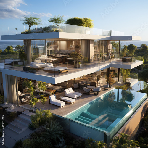 modern architecture, extraordinary penthouses with swimming pool by the sea Generative AI © EcoPim-studio