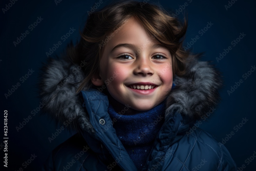 Close-up portrait photography of a grinning kid female wearing a cozy winter coat against a deep indigo background. With generative AI technology Close-up portrait photography of a grinning kid female wearing a cozy winter coat against a deep indigo background. With generative AI technology