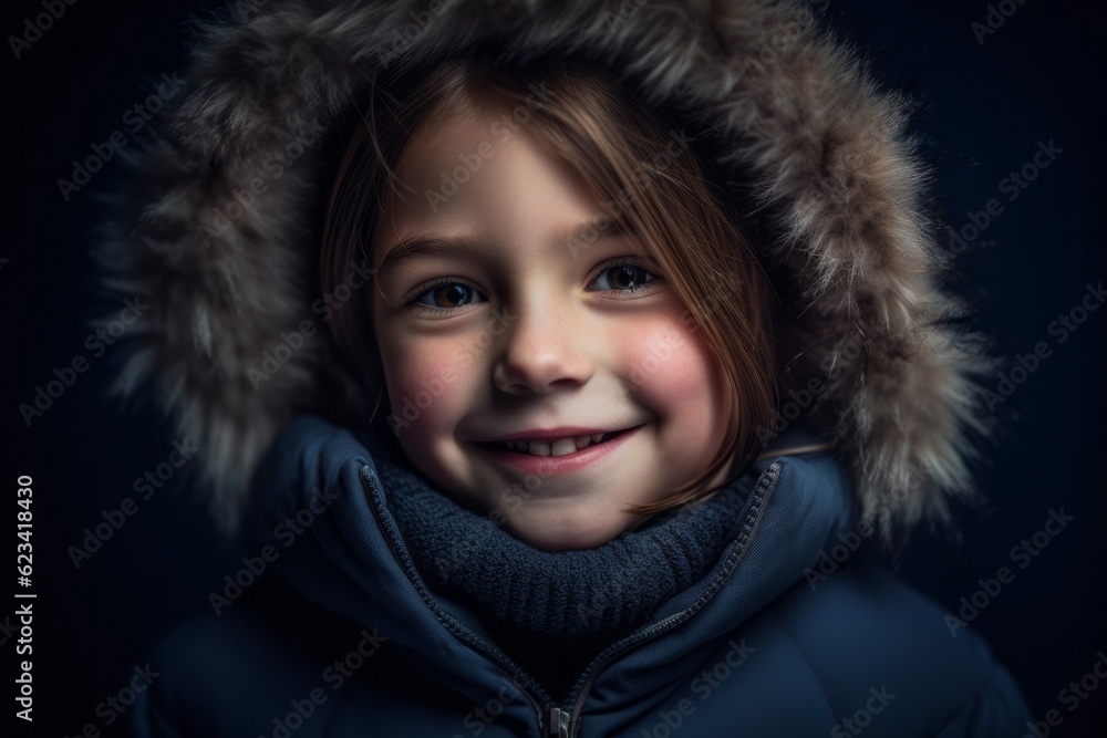 Close-up portrait photography of a grinning kid female wearing a cozy winter coat against a deep indigo background. With generative AI technology Close-up portrait photography of a grinning kid female wearing a cozy winter coat against a deep indigo background. With generative AI technology