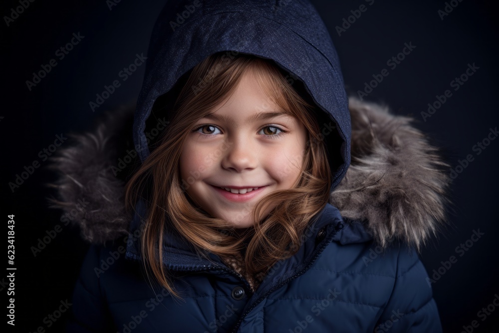 Close-up portrait photography of a grinning kid female wearing a cozy winter coat against a deep indigo background. With generative AI technology Close-up portrait photography of a grinning kid female wearing a cozy winter coat against a deep indigo background. With generative AI technology