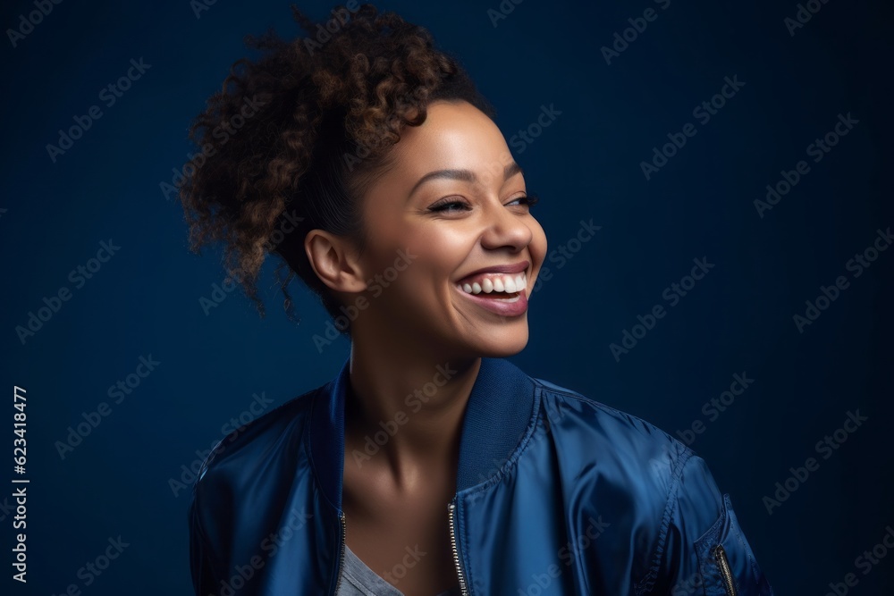 Close-up portrait photography of a joyful girl in her 30s wearing a sleek bomber jacket against a deep indigo background. With generative AI technology Close-up portrait photography of a joyful girl in her 30s wearing a sleek bomber jacket against a deep indigo background. With generative AI technology