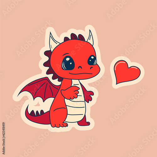 Vector Stock Illustration isolated Emoji character cartoon dragon dinosaur lying with heart, valentine sticker emoticon for site, info graphics, video, animation.