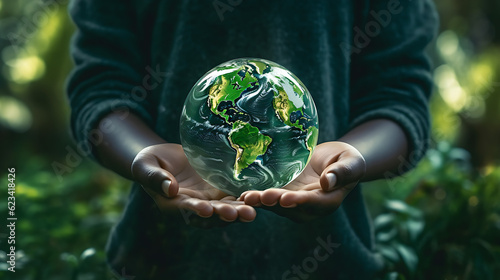 Hands of a African American child holding crystal glowing globe, planet Earth at a sunny green meadow background, copyspace, taking care Ecology, sustainable nature, conversation concept, AI Generated