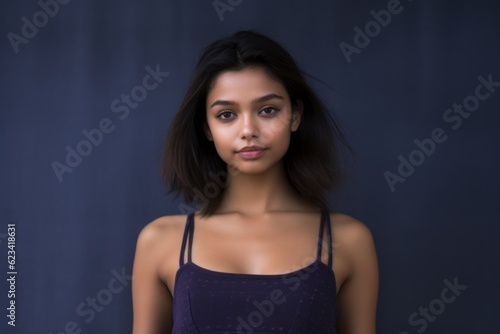Medium shot portrait photography of a beautiful girl in her 20s wearing a cute crop top against a deep indigo background. With generative AI technology