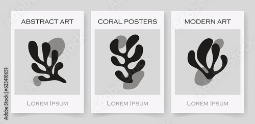 Abstract coral posters. Contemporary organic shapes minimalist in Matisse style, graphic vector illustration