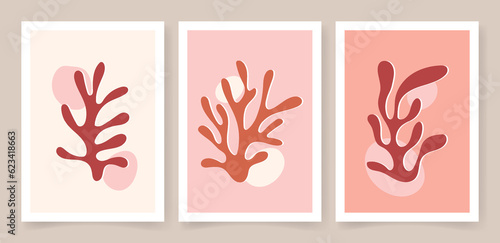 Abstract coral posters. Contemporary organic shapes minimalist in Matisse style, graphic vector illustration