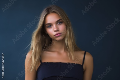 Medium shot portrait photography of a beautiful girl in her 20s wearing a cute crop top against a deep indigo background. With generative AI technology