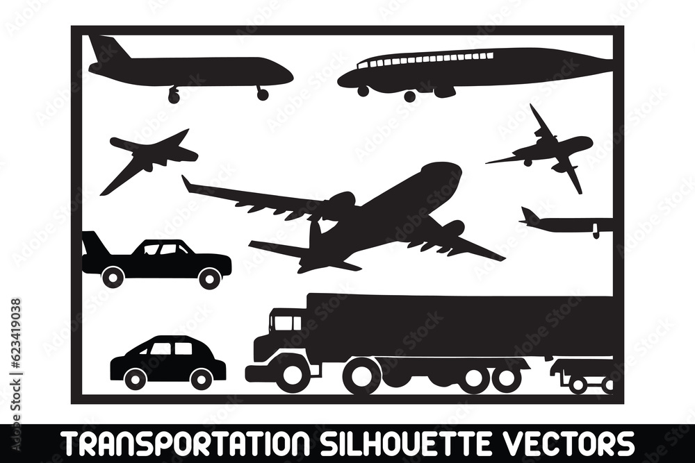 Transportation silhouettes vector, Vector transport illustration, Vehicle silhouette vectors, Car silhouette clipart, Bike silhouette vectors, Plane silhouette graphics,