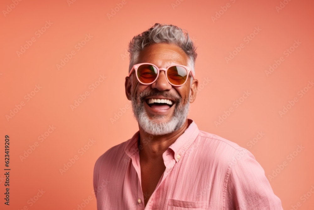 Medium shot portrait photography of a joyful mature man wearing a trendy sunglasses against a peachy pink background. With generative AI technology Medium shot portrait photography of a joyful mature man wearing a trendy sunglasses against a peachy pink background. With generative AI technology
