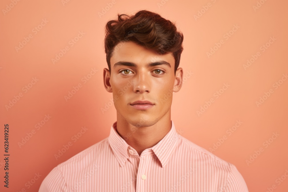 Headshot portrait photography of a glad boy in his 20s wearing a casual short-sleeve shirt against a peachy pink background. With generative AI technology Headshot portrait photography of a glad boy in his 20s wearing a casual short-sleeve shirt against a peachy pink background. With generative AI technology