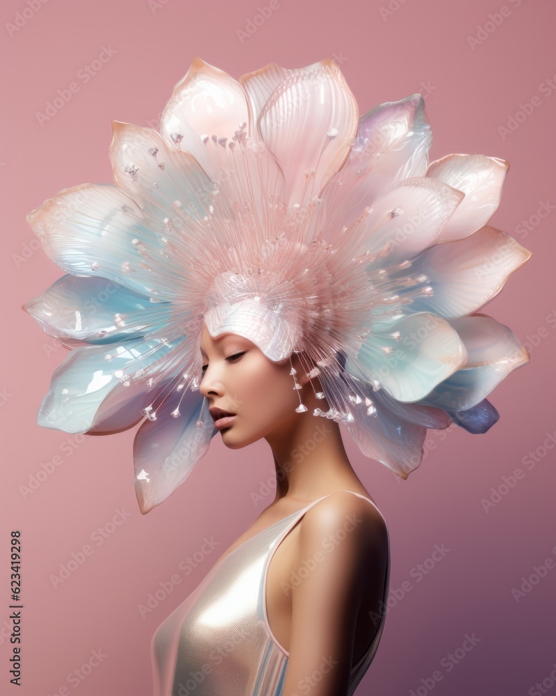 Beautiful blonde woman girl, bizarre surreal mystical portrait. Glass glowing neon iridescent flower hat, transparent white silver, diamonds and lights. Futuristic and robot like.