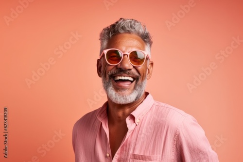 Medium shot portrait photography of a joyful mature man wearing a trendy sunglasses against a peachy pink background. With generative AI technology