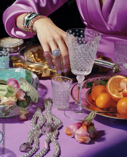 Woman hand with jewelry and glass of alcohol drink and various 3d items and objects. Luxury still life.