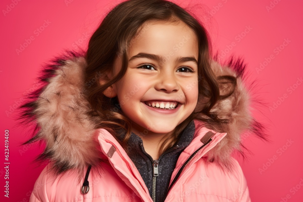Close-up portrait photography of a grinning kid female wearing a durable parka against a hot pink background. With generative AI technology Close-up portrait photography of a grinning kid female wearing a durable parka against a hot pink background. With generative AI technology