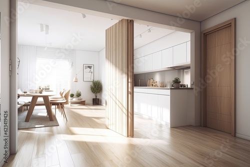 White interior design, architect designer concept, blurred background, opening of a white folding door into a contemporary colored living room with wooden elements and parquet floor. Generative AI