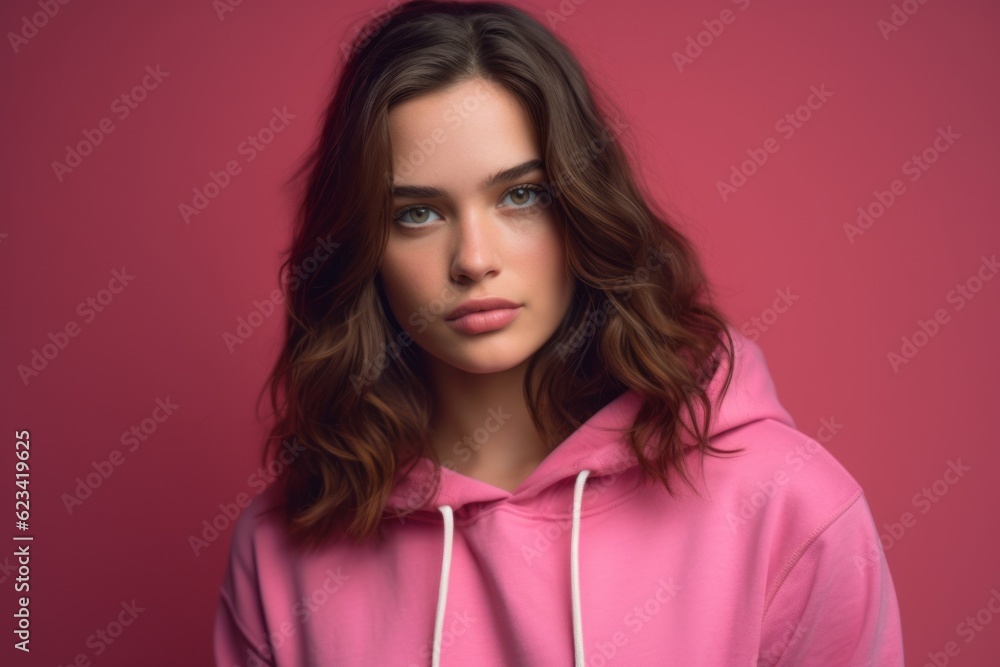 Medium shot portrait photography of a beautiful girl in her 30s wearing a comfortable hoodie against a hot pink background. With generative AI technology Medium shot portrait photography of a beautiful girl in her 30s wearing a comfortable hoodie against a hot pink background. With generative AI technology