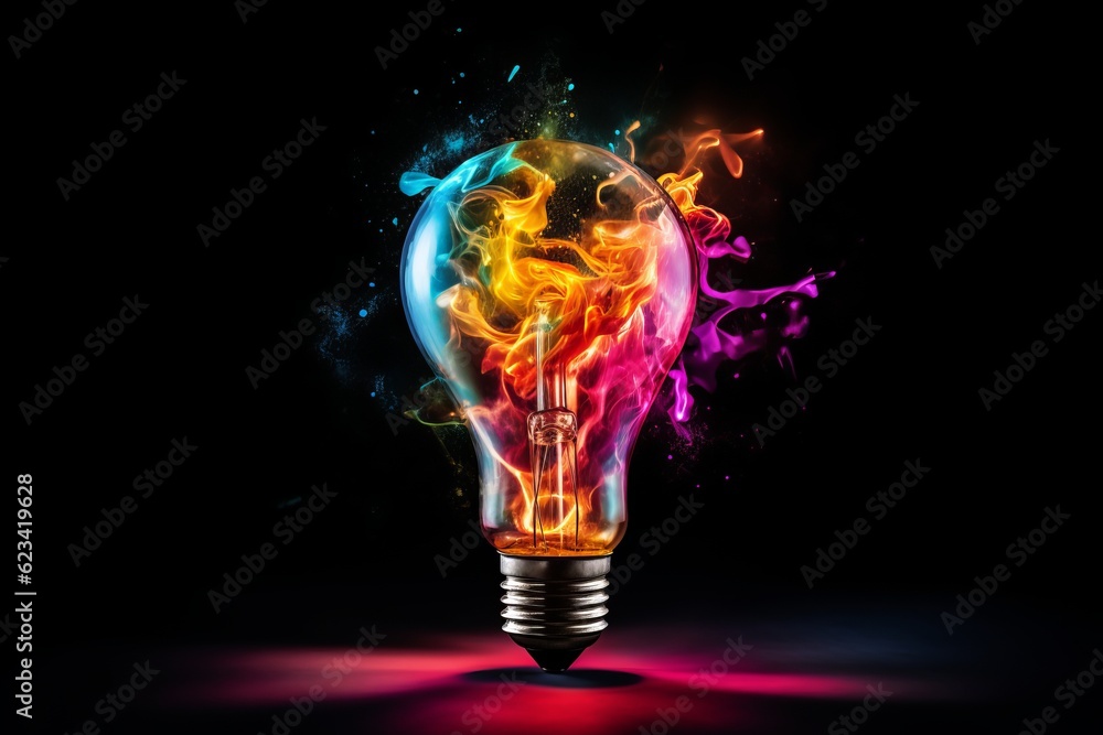 Creative light bulb explodes with colorful paint and colors. New idea, brainstorming concept Creative light bulb explodes with colorful paint and colors. New idea, brainstorming concept