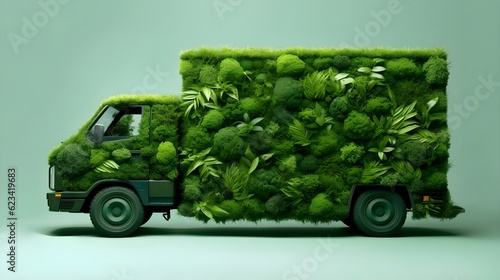 Eco friendly car, truck made of grass, leaves, development, clear ecology driving, isolated pastel background, on a road, blue sky, no pollution and emission transportation concept. Generative AI photo