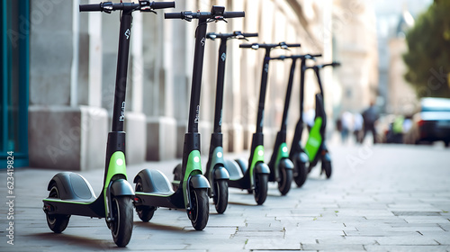 a huge row, number of green electric scooters near the green park in sunny weather. Charger for electric scooters, close-up, AI Generated