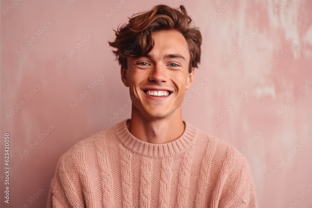 Medium shot portrait photography of a satisfied boy in his 20s wearing a cozy sweater against a dusty rose background. With generative AI technology Medium shot portrait photography of a satisfied boy in his 20s wearing a cozy sweater against a dusty rose background. With generative AI technology