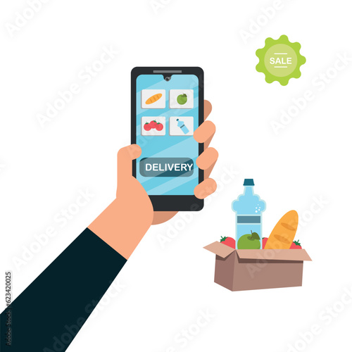 Online grocery shopping delivery service, ordering of food hand holding smartphone