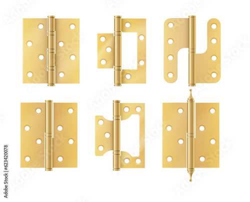 Golden door hinges construction hardware. Realistic set of gold tools for joint gates and windows.metal hinges for house and furniture. vector