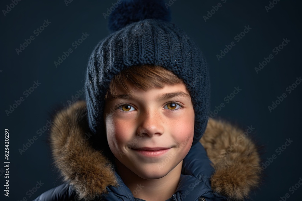Close-up portrait photography of a satisfied kid male wearing a warm beanie or knit hat against a navy blue background. With generative AI technology Close-up portrait photography of a satisfied kid male wearing a warm beanie or knit hat against a navy blue background. With generative AI technology