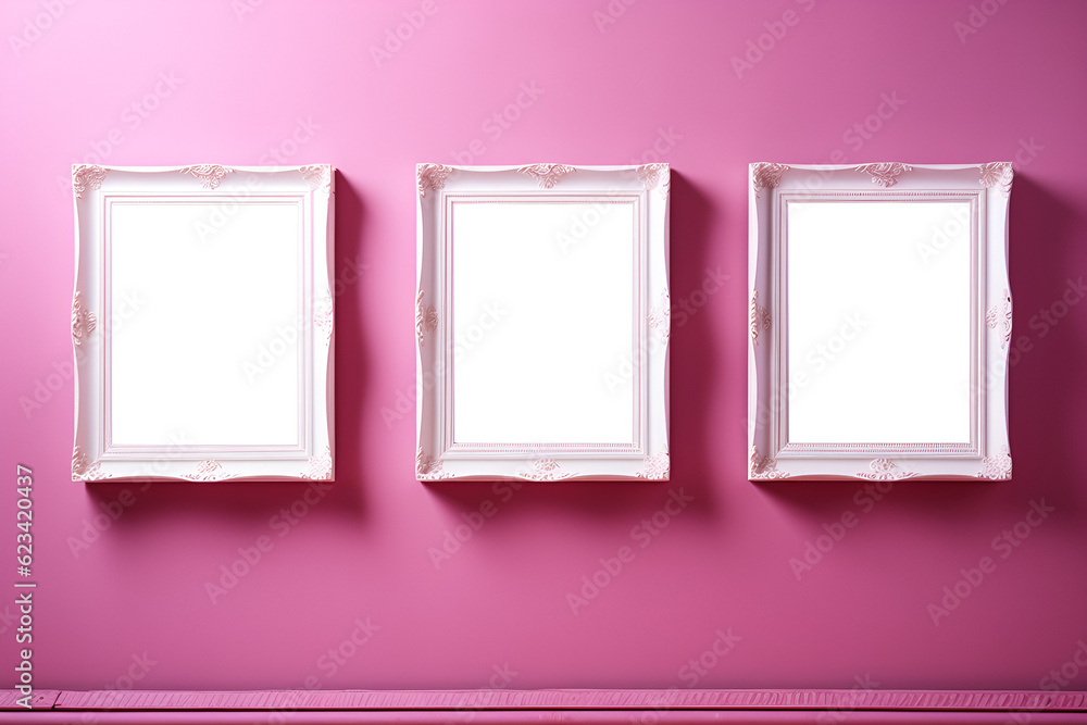 three white picture frames on pink background