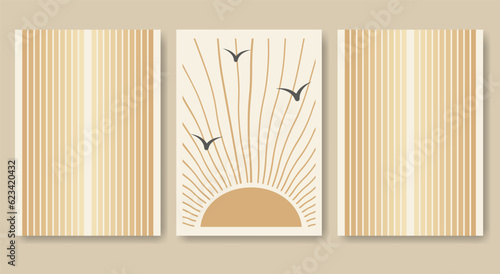 Beige sun with birds summer aesthetic illustration poster set