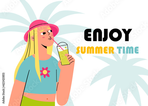In this illustration, a girl holds a refreshing summer cocktail against the backdrop of palm trees. Her contented expression capture the essence of savoring a cool beverage on a warm summer day.