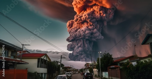 Erupting volcano spewing pyroclasts in the sky, city in danger, town view from far, lava. View of the Cumbre Vieja Volcano with a column of smoke and lava coming out of the main cone, AI Generated photo