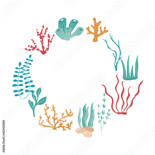 Colourful handdrawn marine plants  seaweed and corals in a round shape. 
